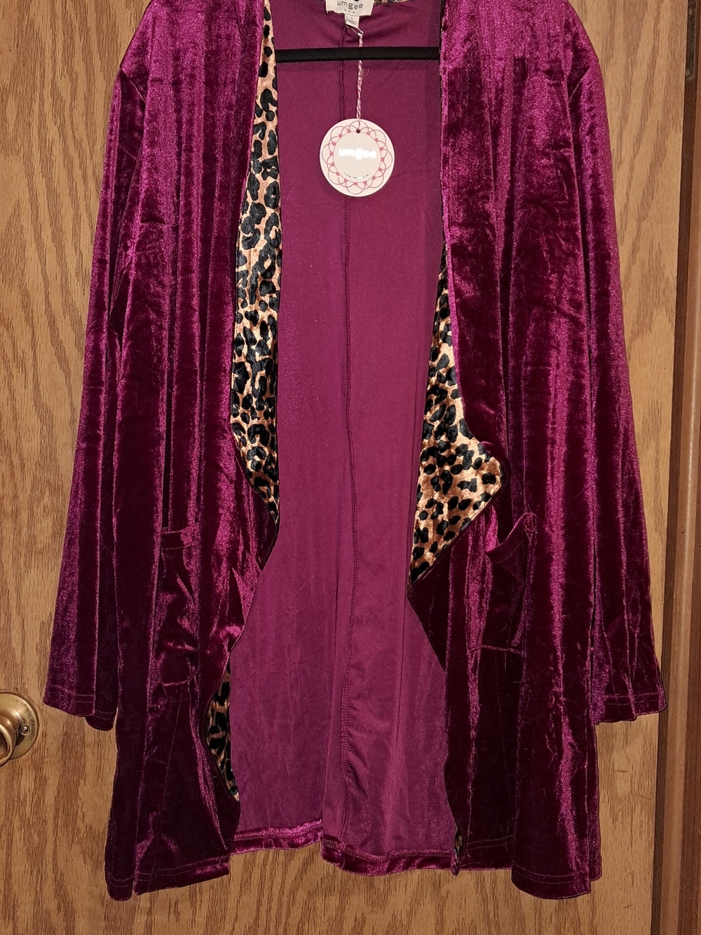 Velvet Burgundy Lounge Robe with Leopard Trim